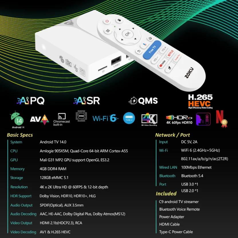 Фото ТВ-приставка C9 Android 14 Amlogic S905X5M 4 ГБ DDR4 128 ГБ EMMC 4K HD 2.1 WIFI6 BT5.4 Ethernet 1000M USB3.0 Медиаплеер №4