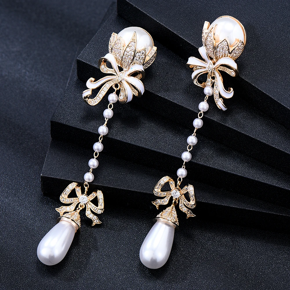 

GODKI, рождественский подарок, жемчужные серьги с бантом для женщин, свадебные серьги с фианитом, Популярные Роскошные индийские ювелирные из...