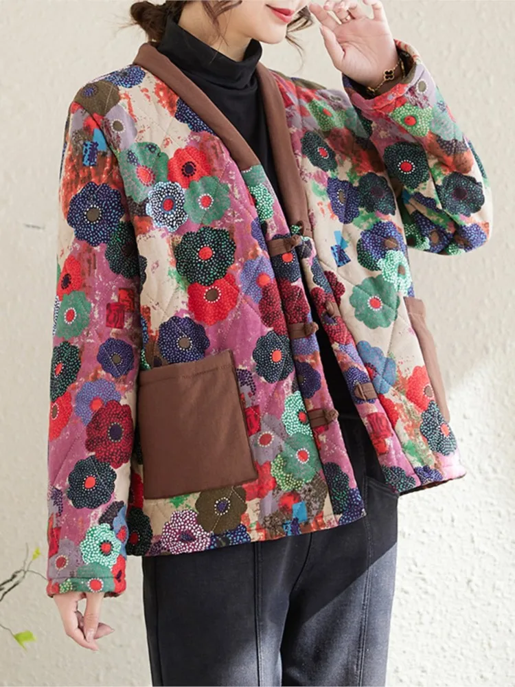 Зимнее пальто с цветочным принтом женское большого размера длинным рукавом
