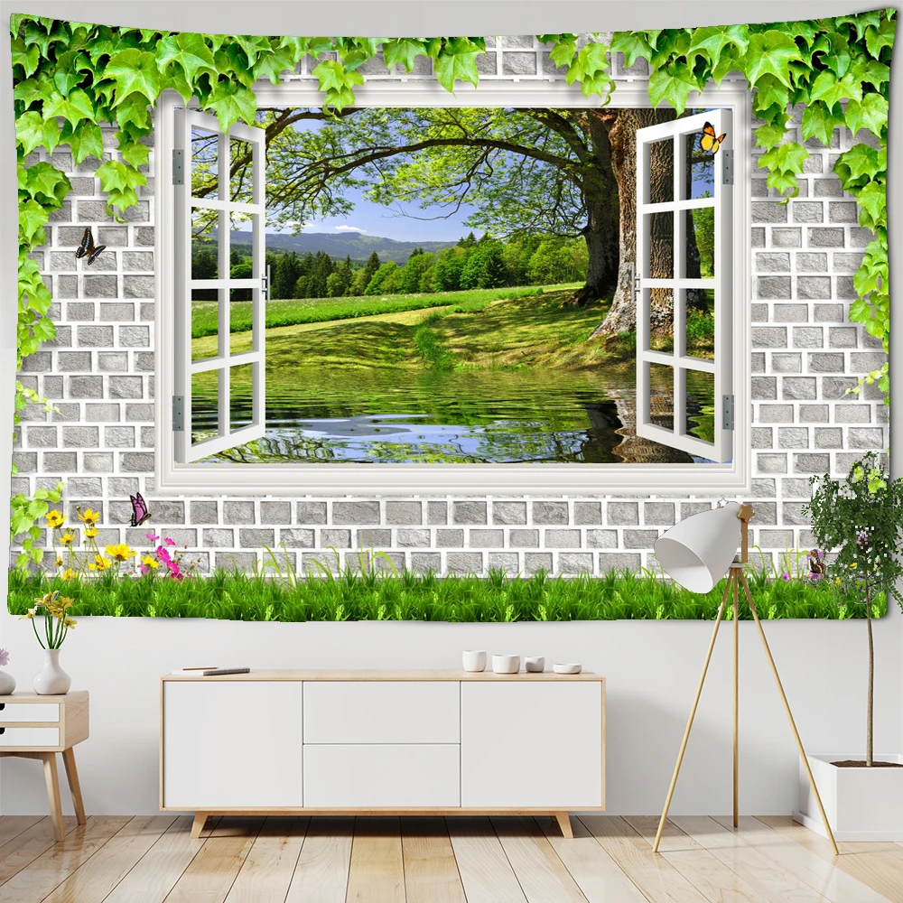 

Imitation Window landscape Tapestry Wall Hanging Bohemian Forest Tapestries Dormitory Living Room Art Background Cloth Decor