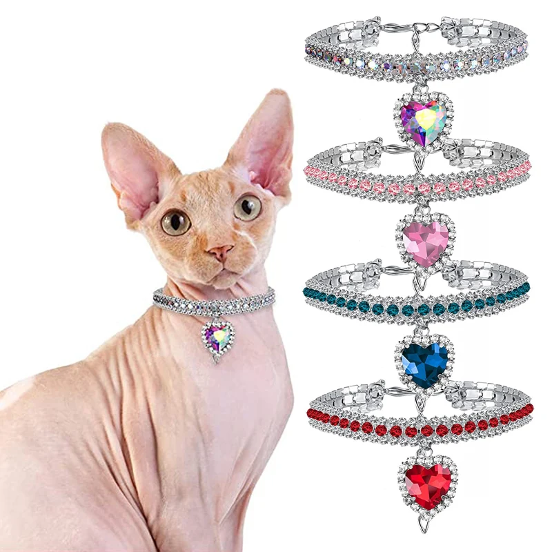 

Luxury Rhinestone Dog Cat Collar Necklace Cat Puppy Wedding Collars Crystal Jewelry with Diamond Heart Pendant Pet Accessories