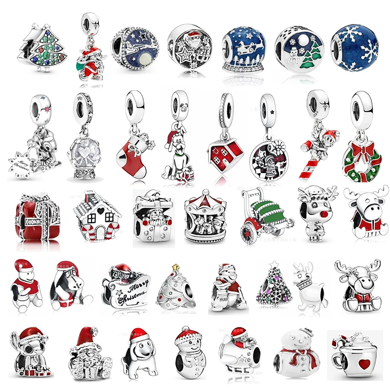 

LR S925 Silver Beaded Christmas Series Gift Santa Claus Cup Gift Box Snowflake Christmas Ball Socks Deer Snowman Charm Jewelry