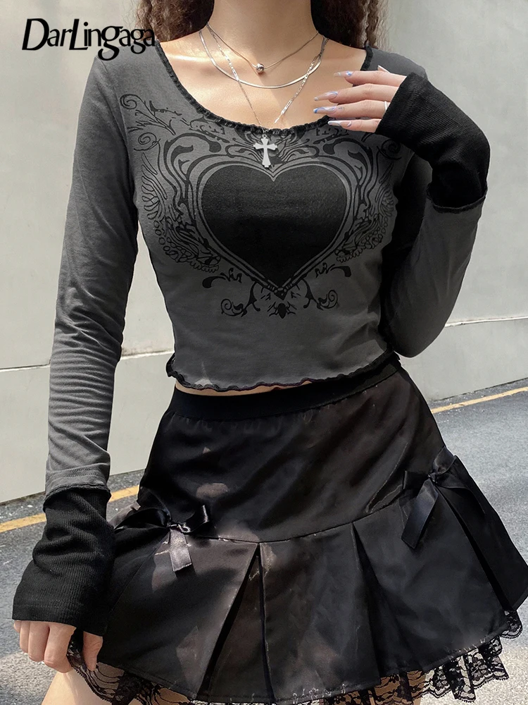 Darlingaga Grunge t-shirt autunnali stampate a cuore di moda retrò per donna Crop Top Dark Academia Gothic Clothes t-shirt estetica