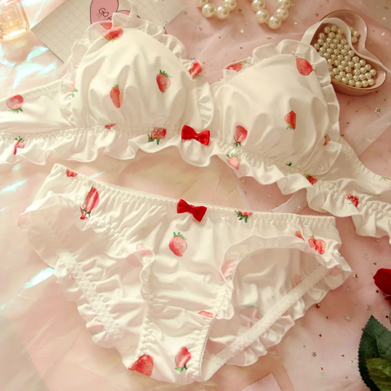 

Strawberry Cute Japanese Milk Silk Bra & Panties Set Wirefree Soft Underwear Set Kawaii Lolita Bra and Panty SetPinkLingerie