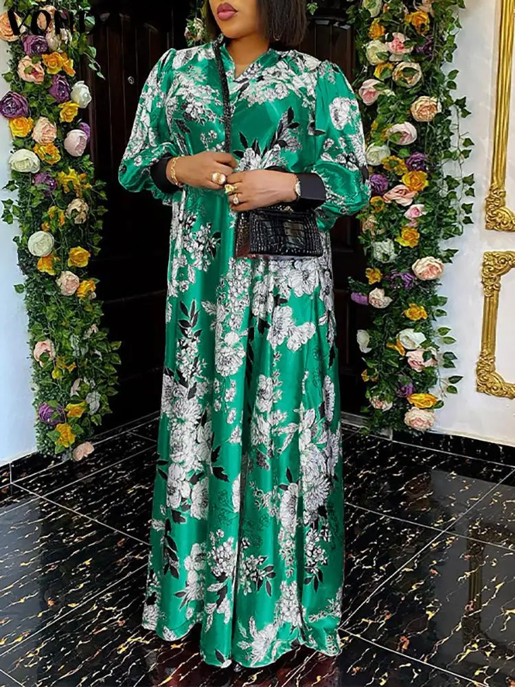 5XL Plus Size Women 2023 Summer Floral Printed Party Dress VONDA V Neck Long Sleeve Maxi Vestidos Casual Sundress Robe