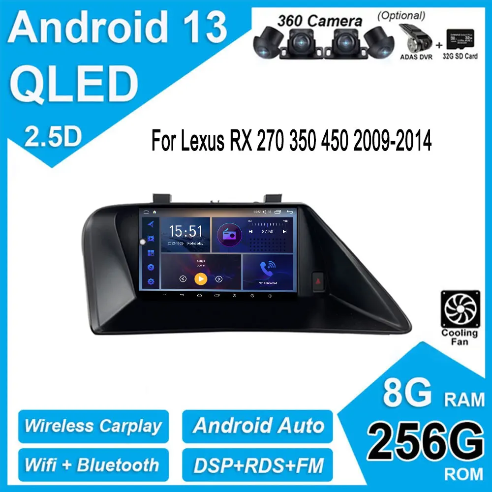 

IPS QLED Android 13 для Lexus RX 270 350 450 2009-2014 Автомобильный 4G Wifi Радио Мультимедийный видеоплеер GPS-навигация стерео экран