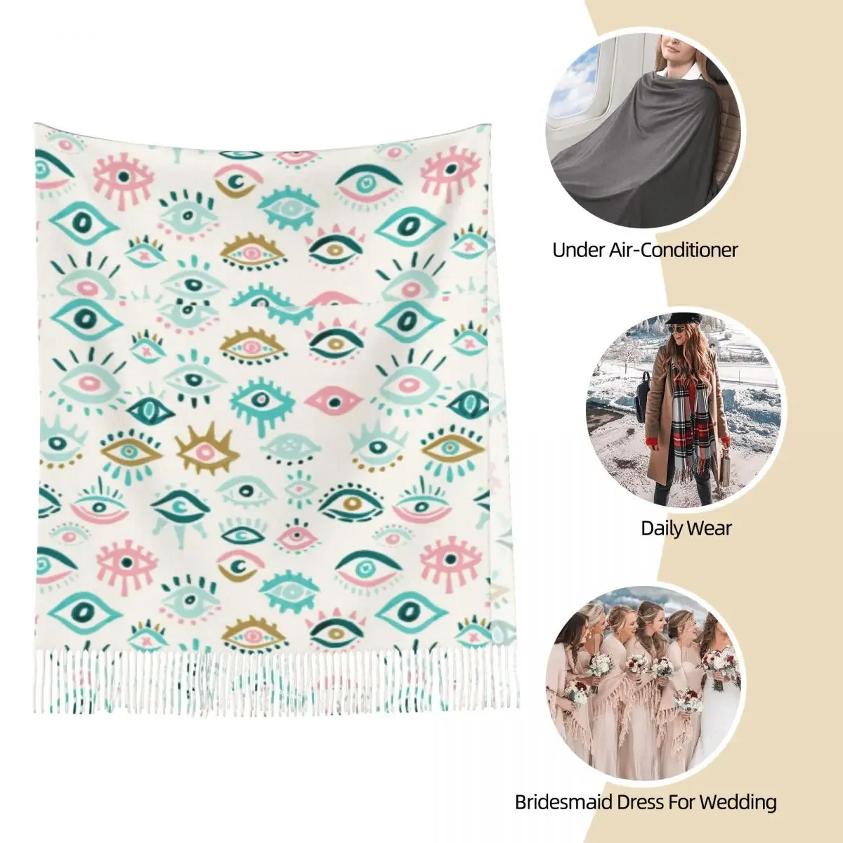 Женский шарф с кисточками мистические глаза Nazar Boncugu длинная зимне-осенняя шаль
