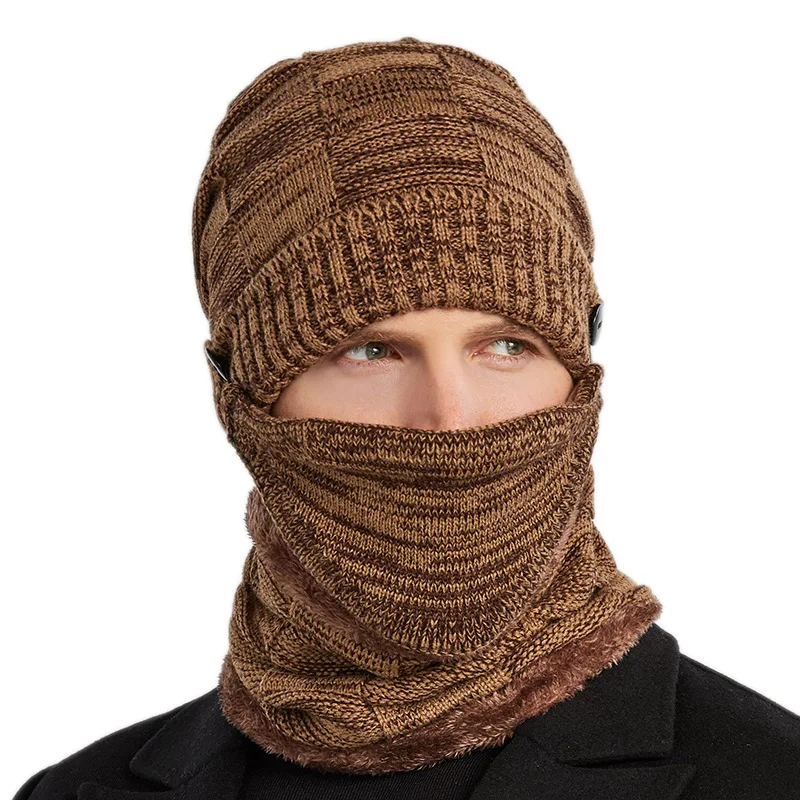 

9122 hat scarf mask three-piece men's autumn and winter wild warm wool knit hat plus velvet thickening cycling