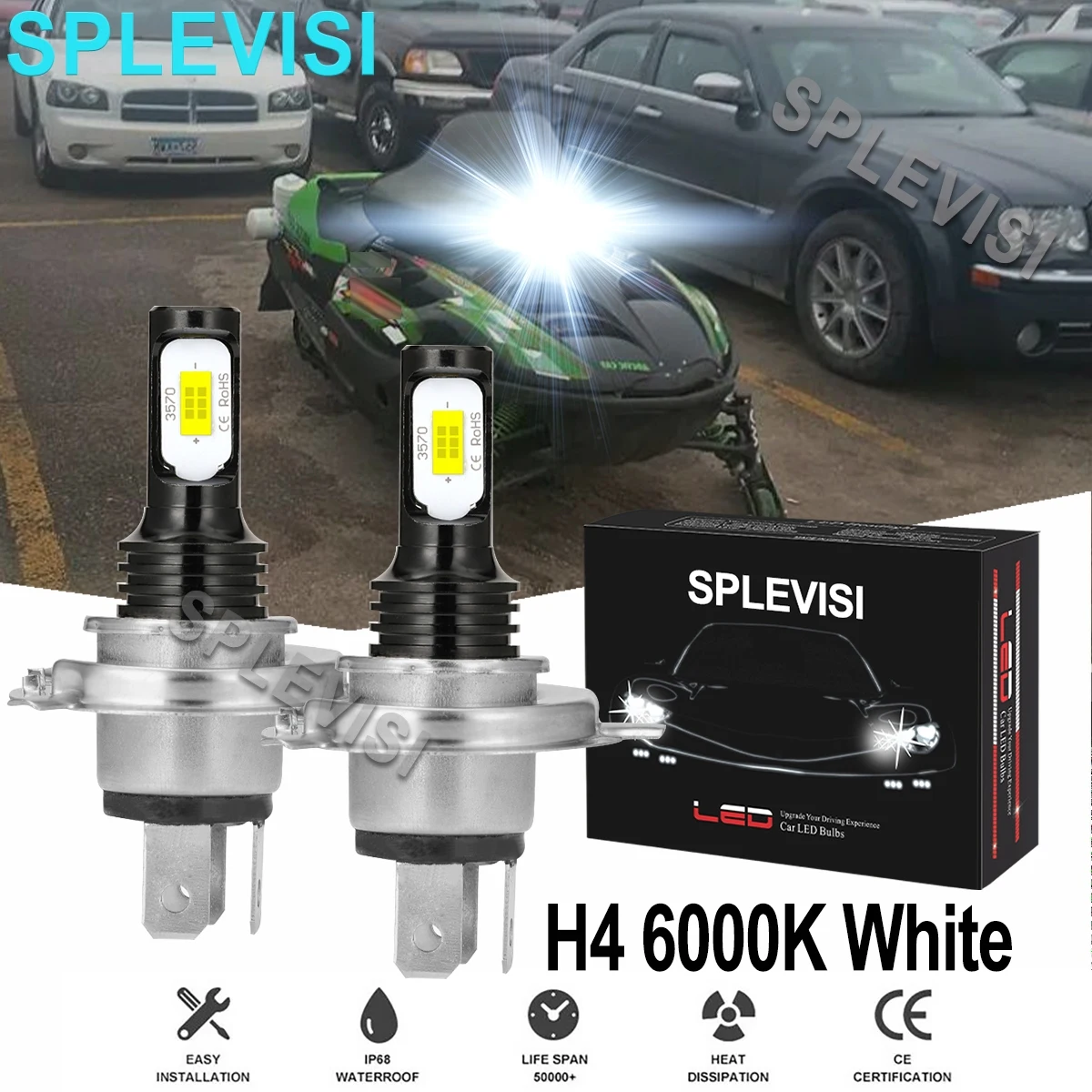 2x 70W white led headlight 8000K For Arctic Cat 250 300 350 366 400 425 450  Snowmoble