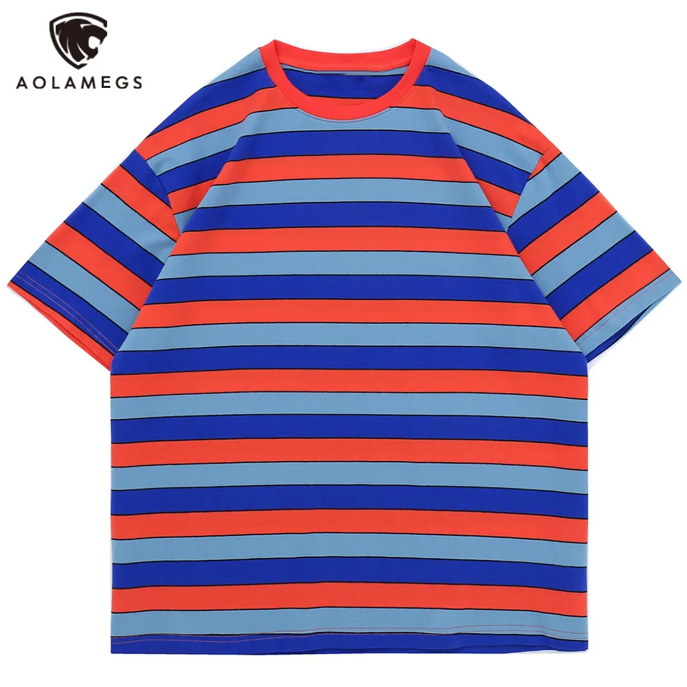 

Aolamegs Men T Shirt Japanese Simple Hit Color Stripe Tee Shirt Casual Basic All-match College Style Cotton Cozy Tops Streetwear