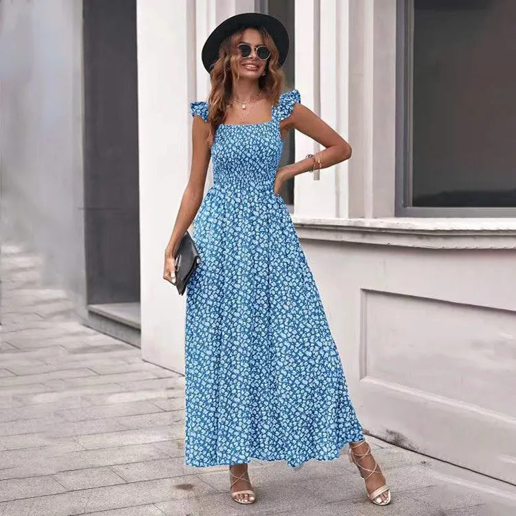 

Summer Sexy Square Neck Womens Midi Dresses Fashion Floral Print Ruffled Sleeveless Dress Women Casual Holiday Sundress Vestidos