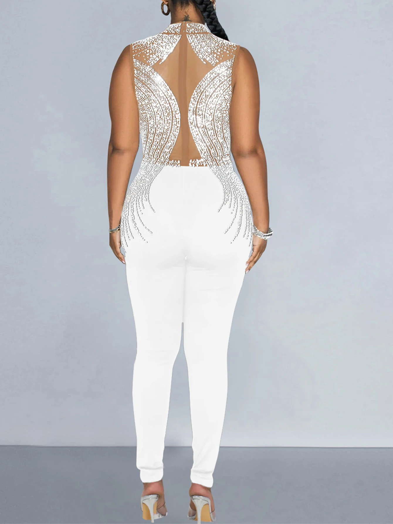 Сексуальный белый сетчатый женский прозрачный комбинезон без рукавов