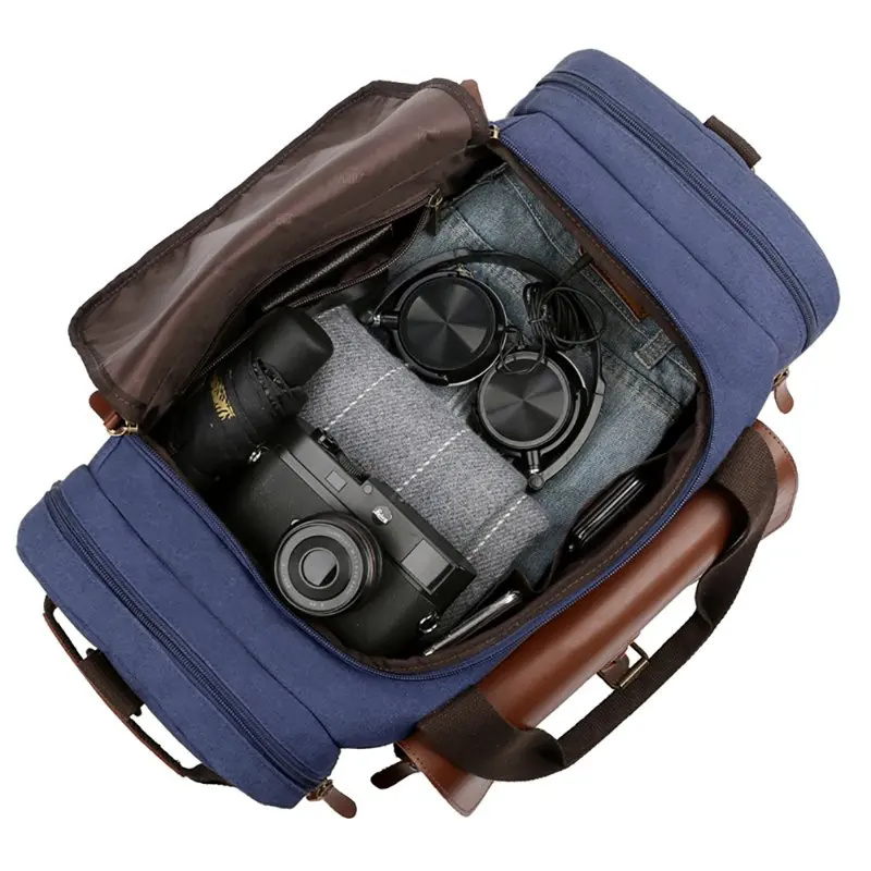 Men Large Capacity Canvas Multifunction Carry on Luggage Bag Tote Travel Weekender Bag-Blue