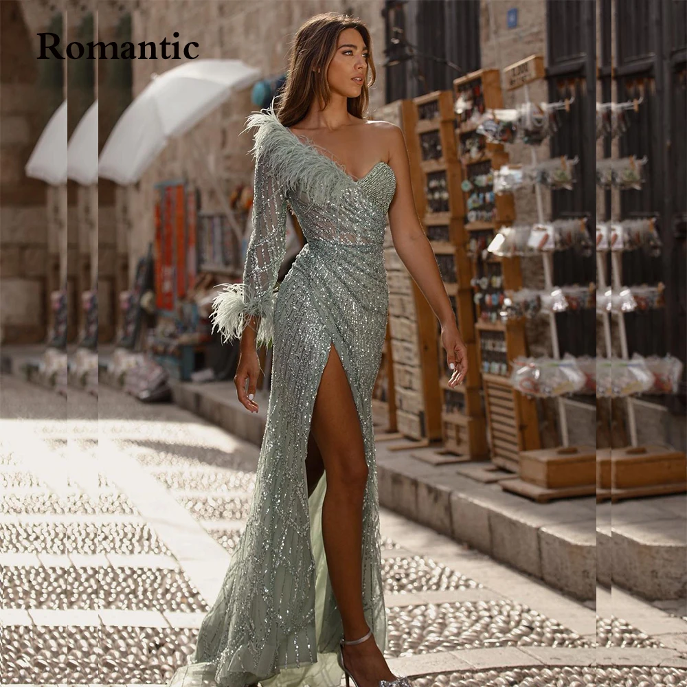 

Romantic Shiny Mermaid Tulle Evening Dress Sequins Feather One Shoulder Sleeve Side High Slit Fairy Long Prom Gowns Formal Party