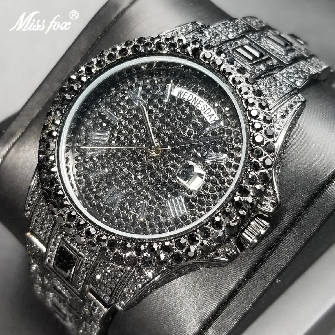 

MISSFOX Black Full Diamond Mens Watches Hip Hop Bling Iced Out Quartz Watch Day Date Waterproof Stainless Steel Auto Date Clock