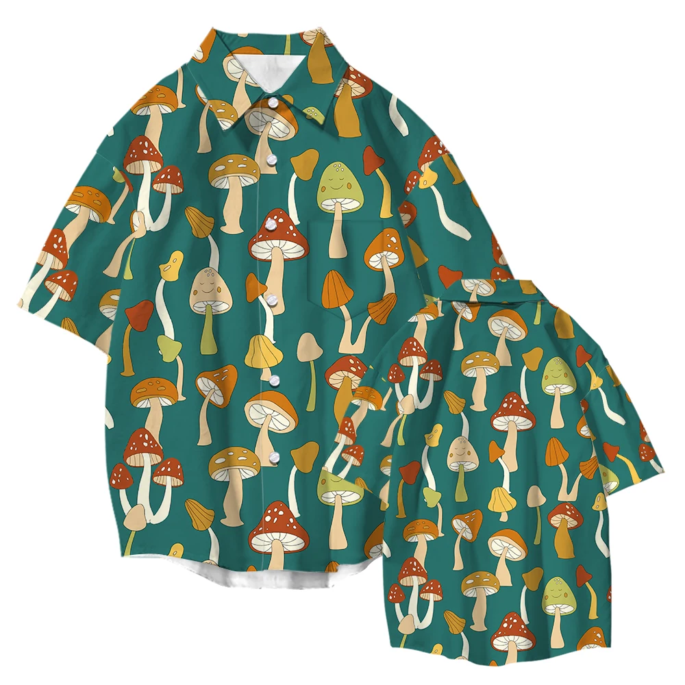 Mushroom Print 2022 Summer Men Women Hawaiian Beach Oversized Short Sleeve Shirts Streetwear Casual Vacation Designer Clothing