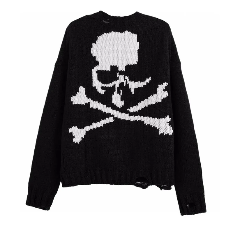 

High Street Knitted Sweater Men Skull Ripped Print Sweaters Vintage Casual Oversized Pullover Streetwear Spring Autumn Couple