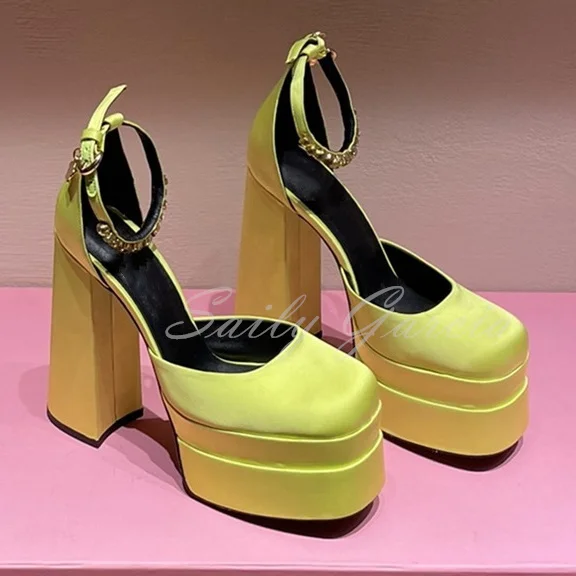 Satin Super High Heels Square Toe Platform Sandals Women Ankle Strap Party Wedding Shoes Mary Jane Chunky Heel Female Shoes