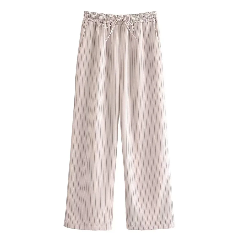 Summer new fashion women's casual all-match elastic waist tie holiday style striped high waist trousers