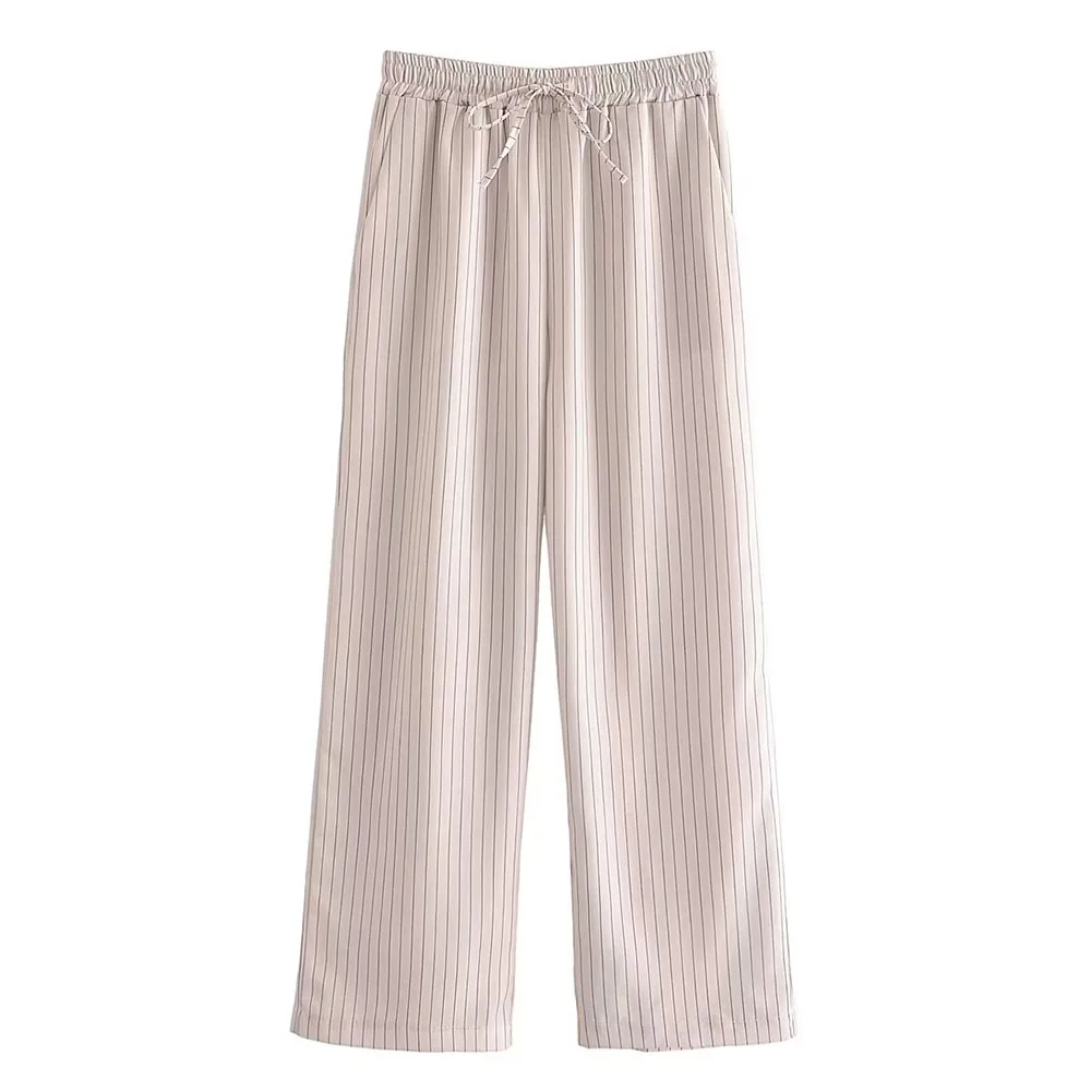 

Summer new fashion women's casual all-match elastic waist tie holiday style striped high waist trousers