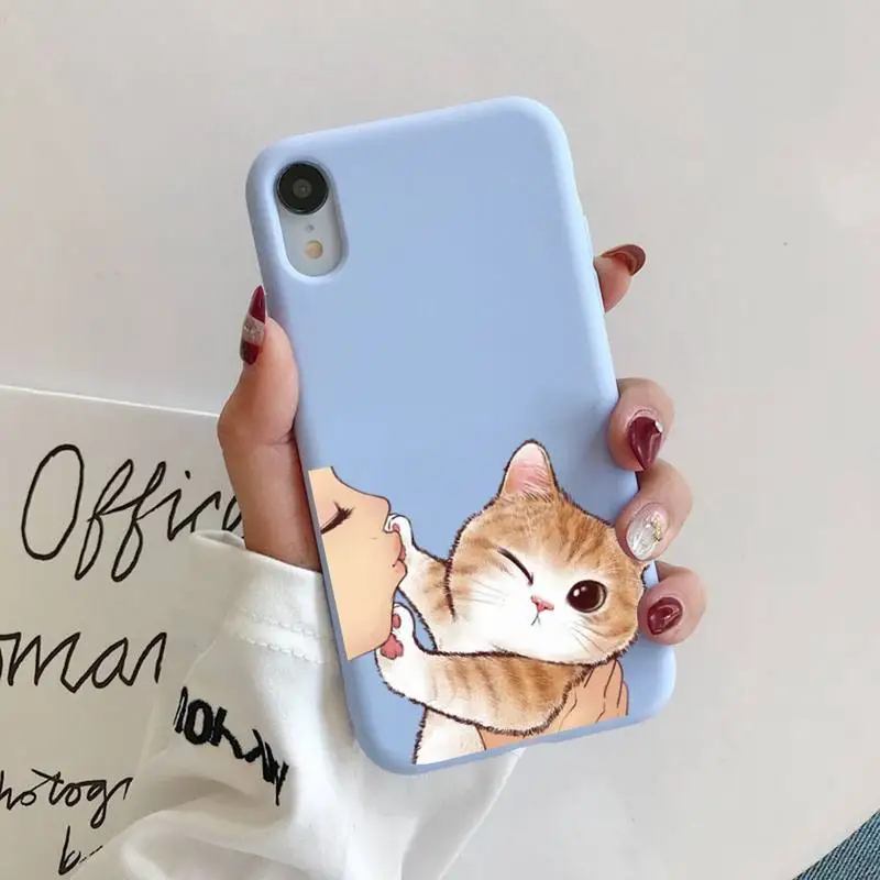 

Cute Cat Phone Case For IPhone 11 12 13 Mini Pro Xs Max 8 7 6 6S Plus X XR Solid Candy Color Case