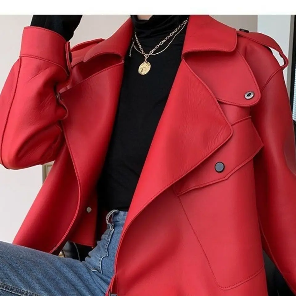 Enlarge Red Leather Jacket Coat Female Spring And Autumn Genuine Sheepskin Outerwear Short Version Loose Motorcycle Jacket Leather Tops