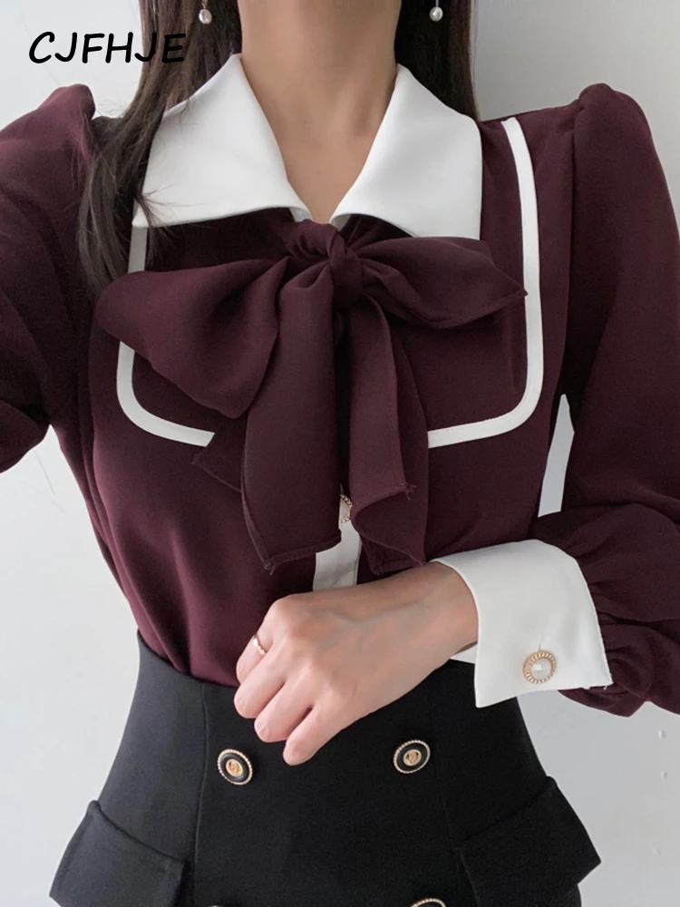 

Women Cute Bow Tie Tops Preppy Style Vintage Korea Design Single Breasted Button Elegant Formal Red Black Shirts Blouses