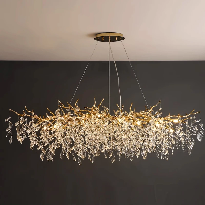 

Golden crystal chandelier rectangular branches island decorative lighting French luxury villa luxury living room crystal lamps