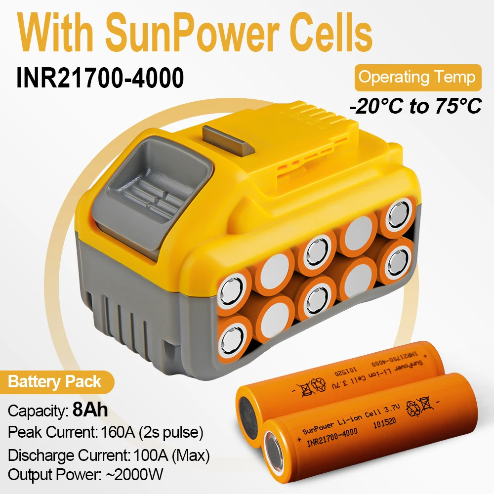 Фото Аккумулятор Li-ion Waitley 8Ач 18В 20В для электроинструментов Dewalt с элементами SunPower INR21700, замена DCB200 DCB184, аксессуары для инструментов №4