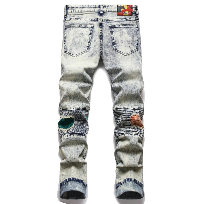 Men High Quality Skinny Fit Stretch Jeans Mens Printed Jeans Retro Punk Jeans Men Fashion Street Hip Hop Ripped Jeans  Denim