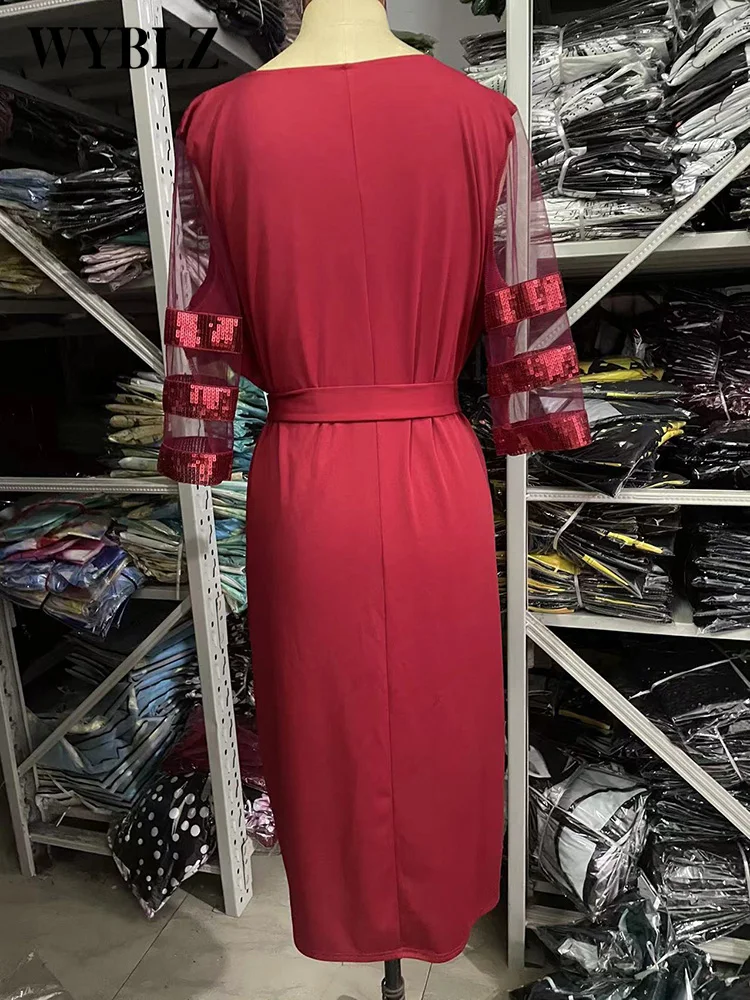 Plus Size Dresses for Women 4XL 5XL Mesh Sequin Stitching Large Size Women's Evening Dress Elegant Fashion Office Lady Dresses