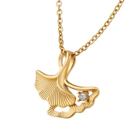 vintage flower ginkgo leaf cubic zirconia pendant necklace for women gold color stainless steel leaf texture collar waterproof