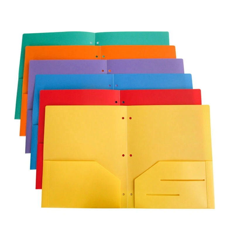 

6 Pack Heavy Duty Plastic Two Pocket Folders, Folders With Pockets, 2 Pocket Folder And 3 Hole, File Folders, 6 Colors