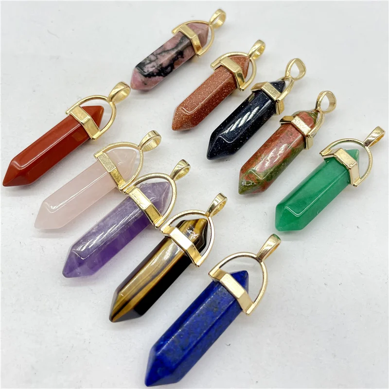 Fashion Natural Gem Stone Quartz Crystal Tiger Eye Hexagonal Pendulum Reiki Pendant Charms DIY Jewelry Making Necklaces 24Pcs - купить по