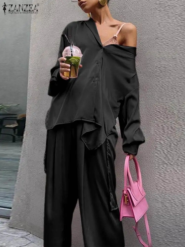 

Комплект одежды ZANZEA женский из двух предметов, модный атласный Шелковый брючный комплект с топом и брюками, рубашка с асимметричным подолом и длинным рукавом, уличная одежда