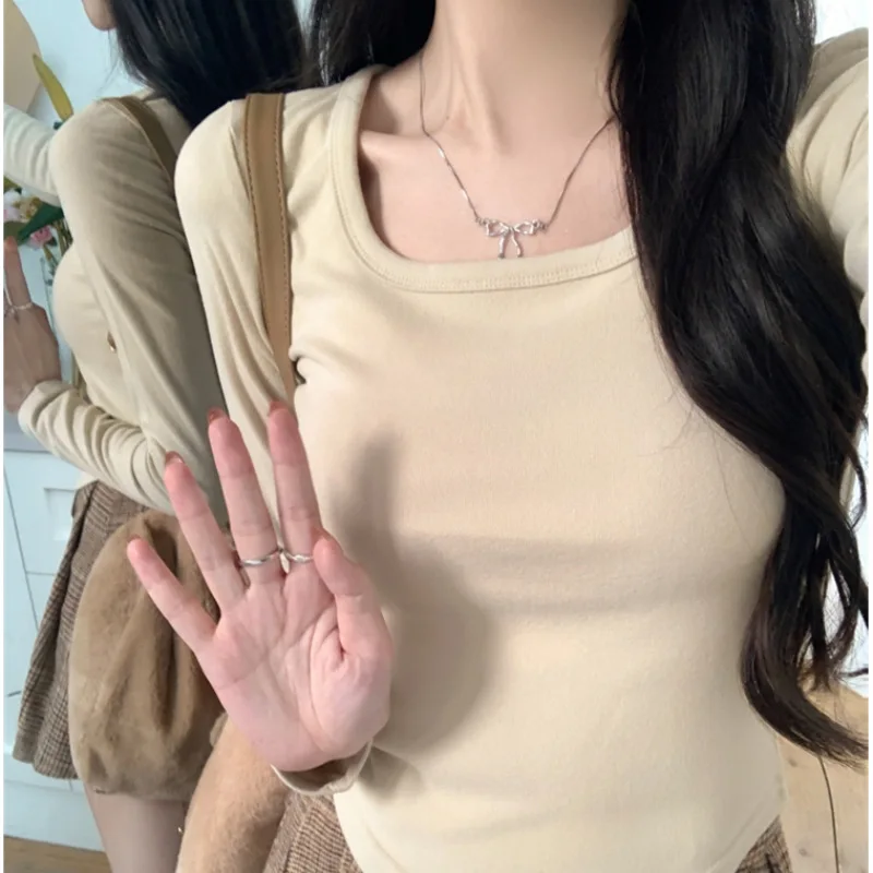French tight waist shoulder long sleeve-shirt square collar U neck cropped shirt