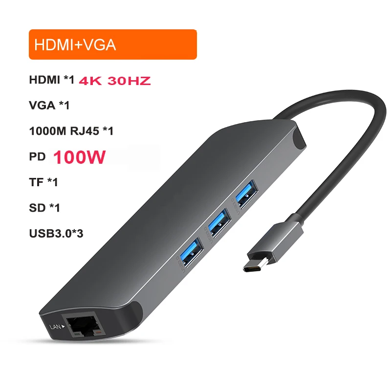 USB-концентратор 9 в 1 с HDMI 4K Ethernet 100 Вт PD Thunderbolt 3 стандартным портом данных USB 0 SD/TF Type C