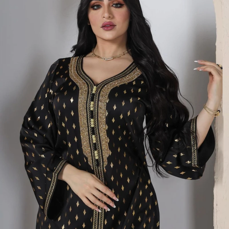 

Gold Stamping Jalabiya Kaftan Dress for Women Dubai Crinkled Crepe Fabric Casual Modest Robe Muslim Arab Moroccan Caftan Party