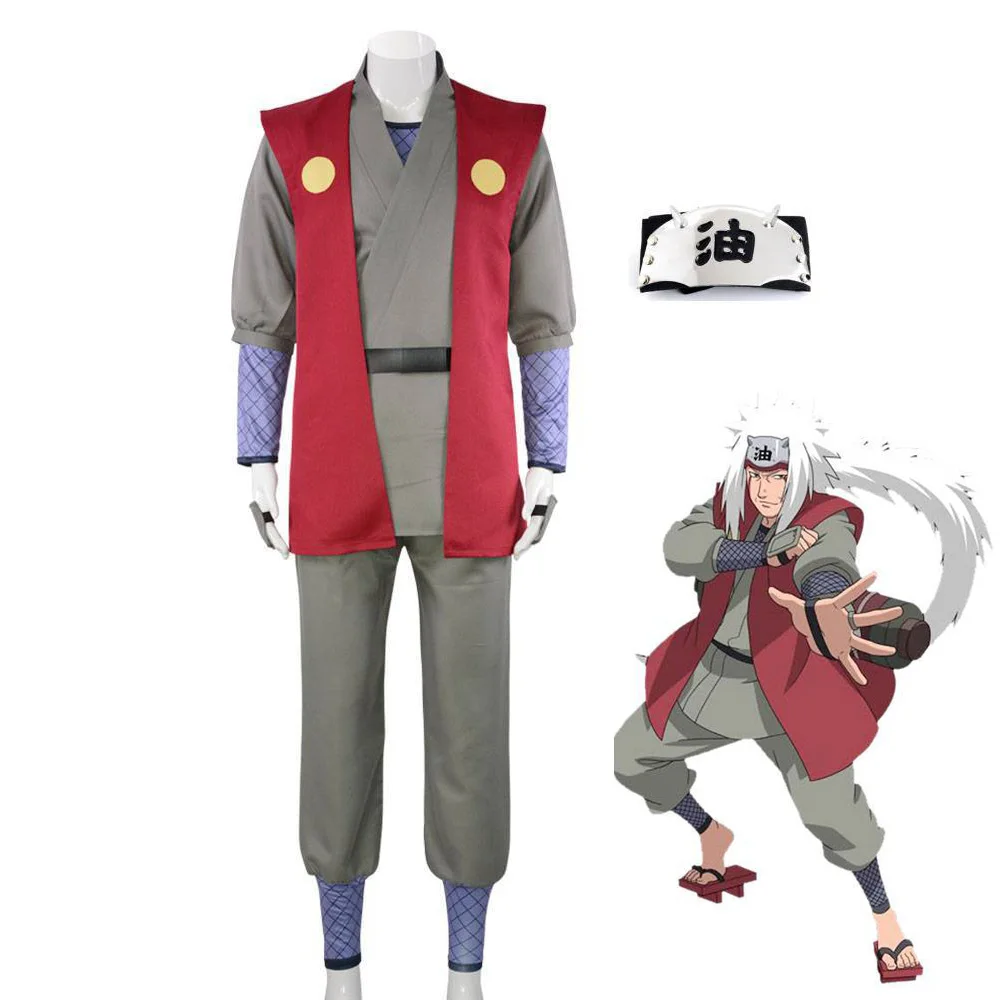

Anime Cosplay JIRAIYA Suit Halloween Costume Carnival Party Cool Outfit Red Vest Gray Pants Headgear Full Set