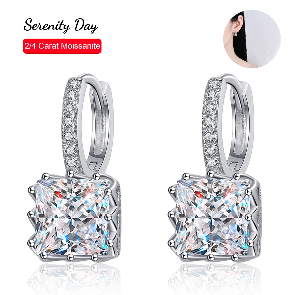 Serenity Day S925 Sterling Silver Ear Stud Buckle Plate Pt950 Jewelry 2/4 Carat a Pair Princess Cut Moissanite Earring Wholesale