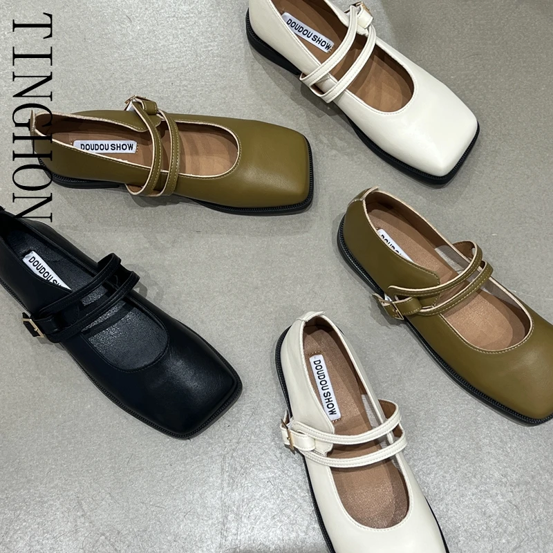 

TINGHON Korea Style Women Flat Women's Square Toe Retro Single Shoes Buckle Shallow Mouth Mary Jane Shoes Sandals 02