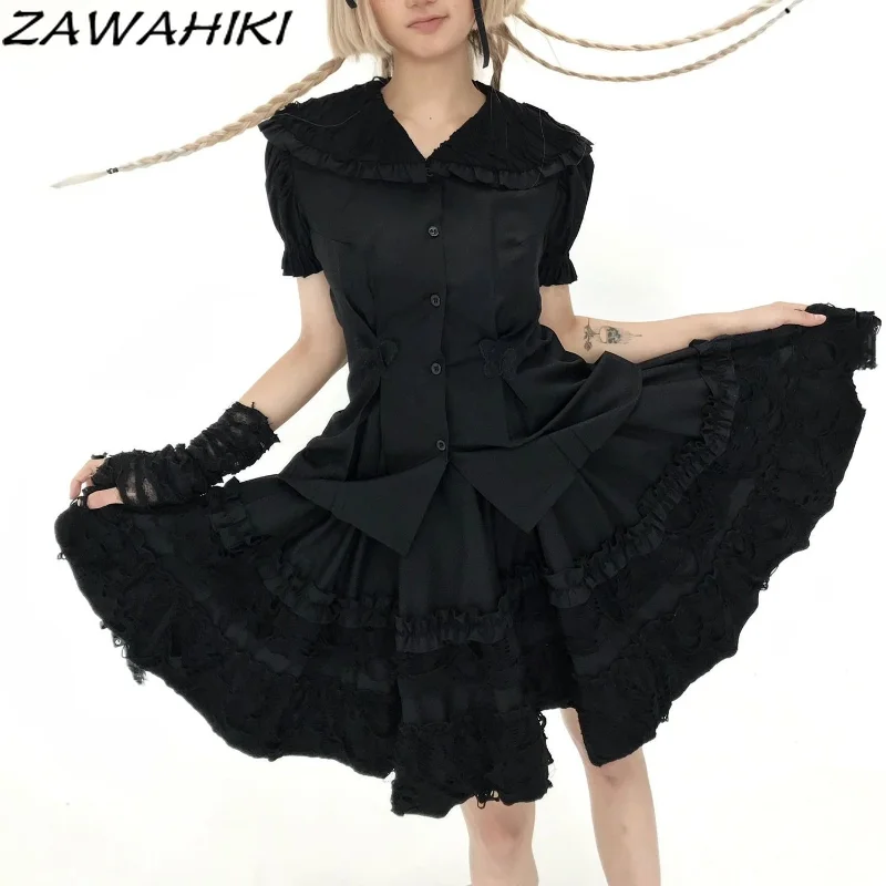 

Dark Lolita Mini Skirt Women Puff Sleeve V-neck Button-up Blouser Gothic Black Skirt 2 Sets Short Sleeve Punk Harajuku Dress