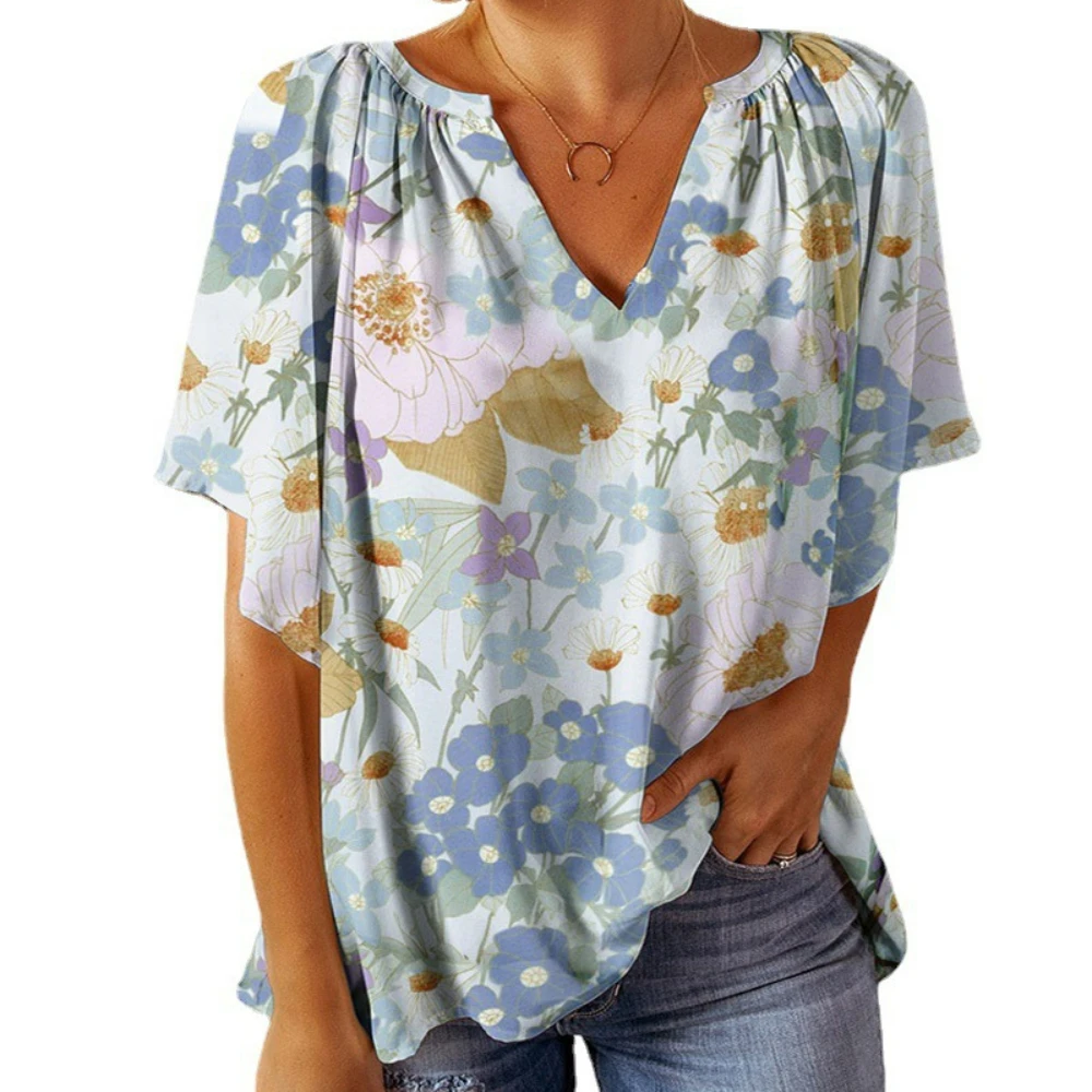 

Womens Fashion v neck Short sleeves Summer chiffon blouse shirts tops New styles 2023