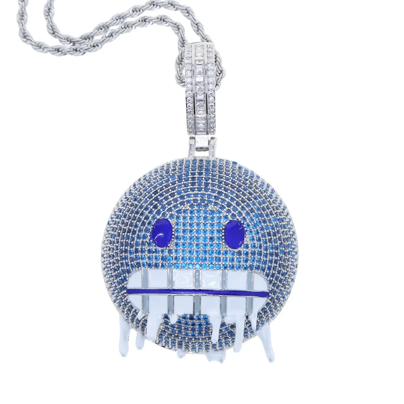 

2023 White Blue Cubic Zirconia Paved Hip Hop Round Face Pendant Necklace with Rope Chain Iced Out Bling CZ Fashion Men Jewelry