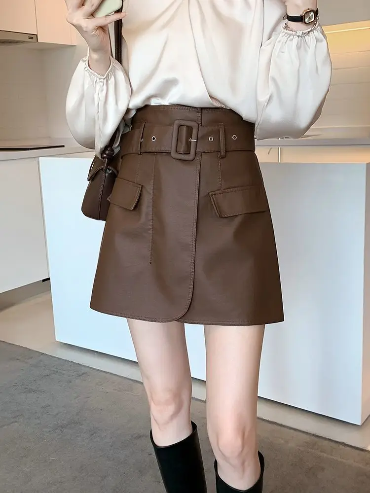 

Spring Summer Fashion Elegant Women Pu Leather Skirt Casual High Waist Mini Skirt Ladies A-line Short Skirts Pure Color T381