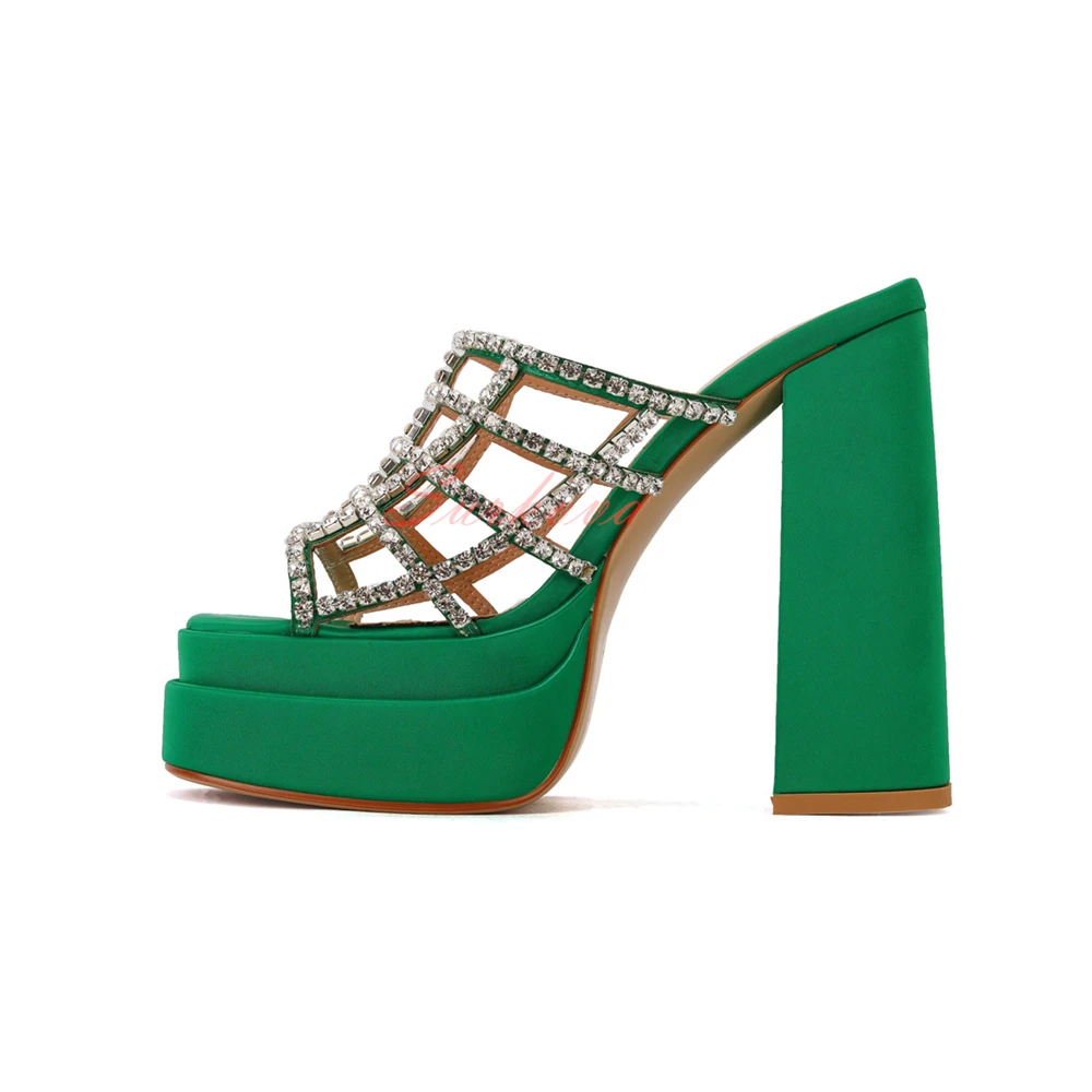 Mesh Crystal Platform Block Heel Sandals Solid Color Open Toe Thick Heel Summer Outdoor High Heel Slippers Fashion Runway Shoes