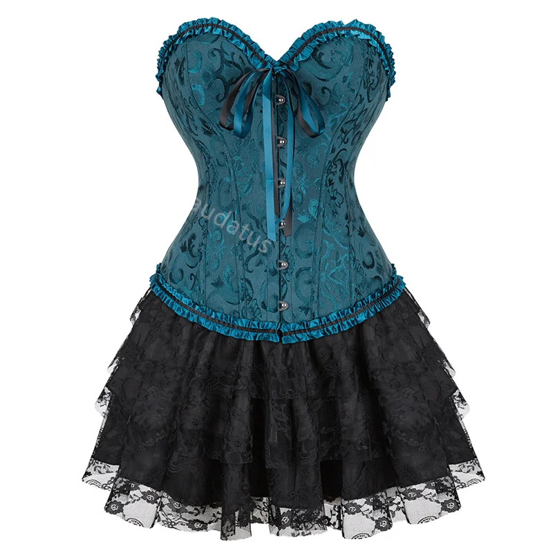 Corset Dress Set Costume Tutu Skrits Overbust With Lace Party Sexy Burlesque Ladies Outfit Plus Size Gothic Halloween Blue Red