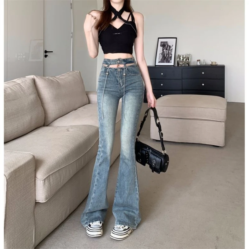 

Woman Fashion Elastic Jeans Female Button Washed Denim Pants Femme Ladies Pocket Trouser Vintage Straight Line Flare Jeans G84