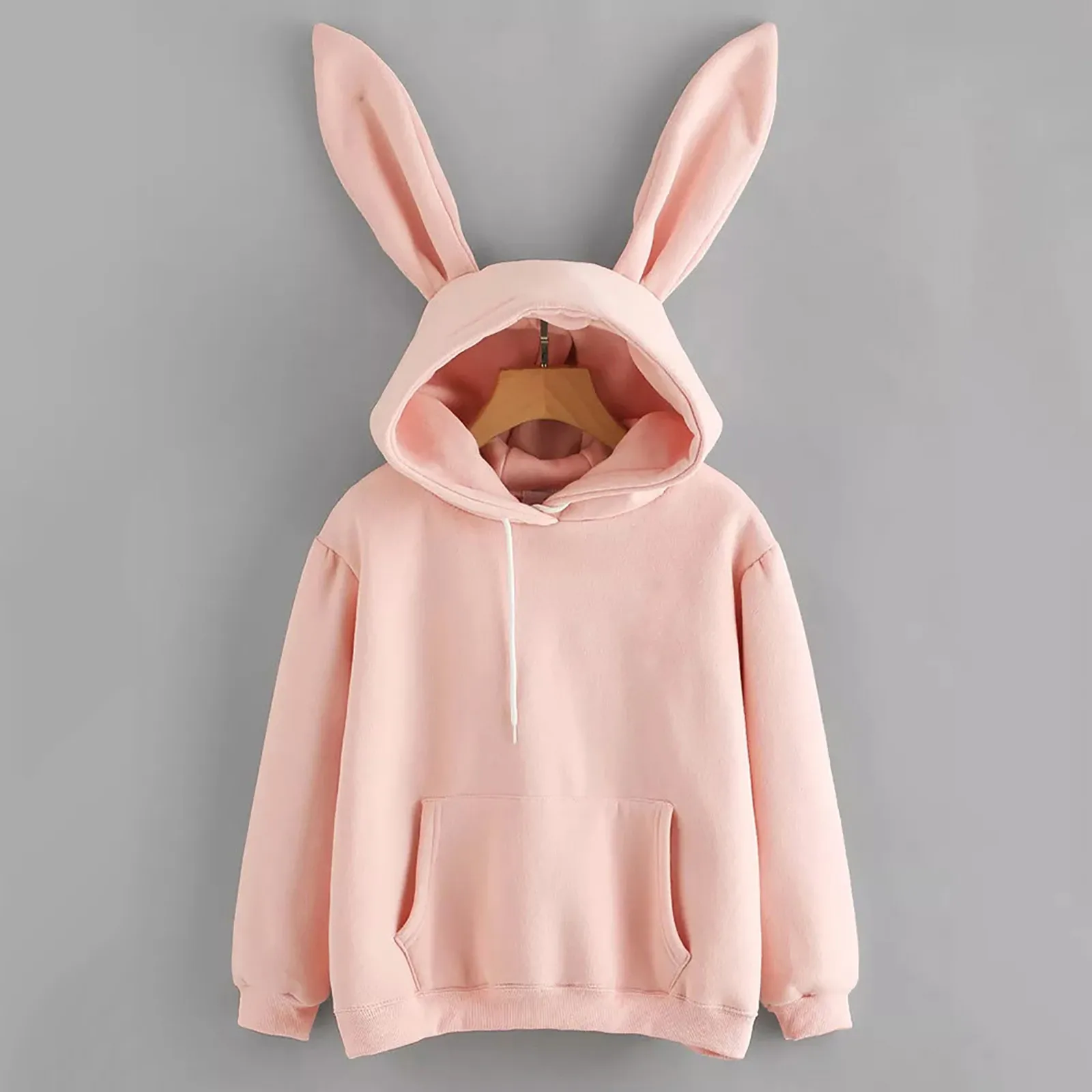 

Women Cute Rabbit Ear Hooded Sweatshirt Oversize Long Sleeves Drawstring Hoodies Ladies Solid Color Loose Pockets Sweatshirts