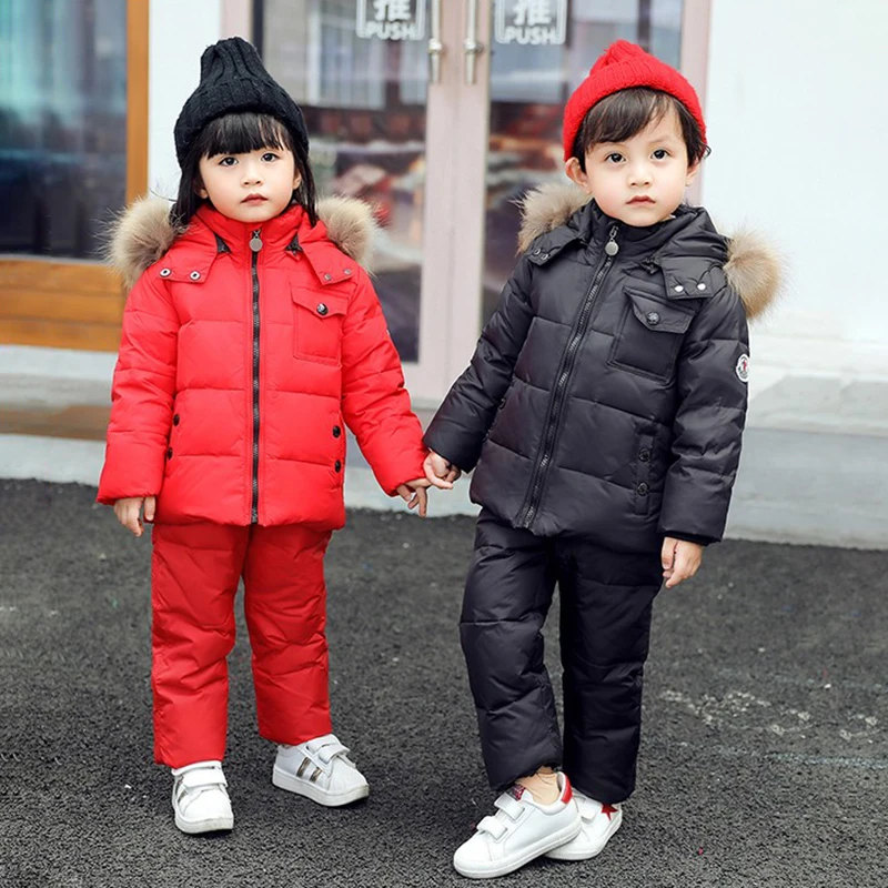 Winter Down Jacket Jumpsuit Baby Boy Parka Real Fur Girl Clothes Children Clothing Set Toddler Thick Warm Overalls Snowsuit R107